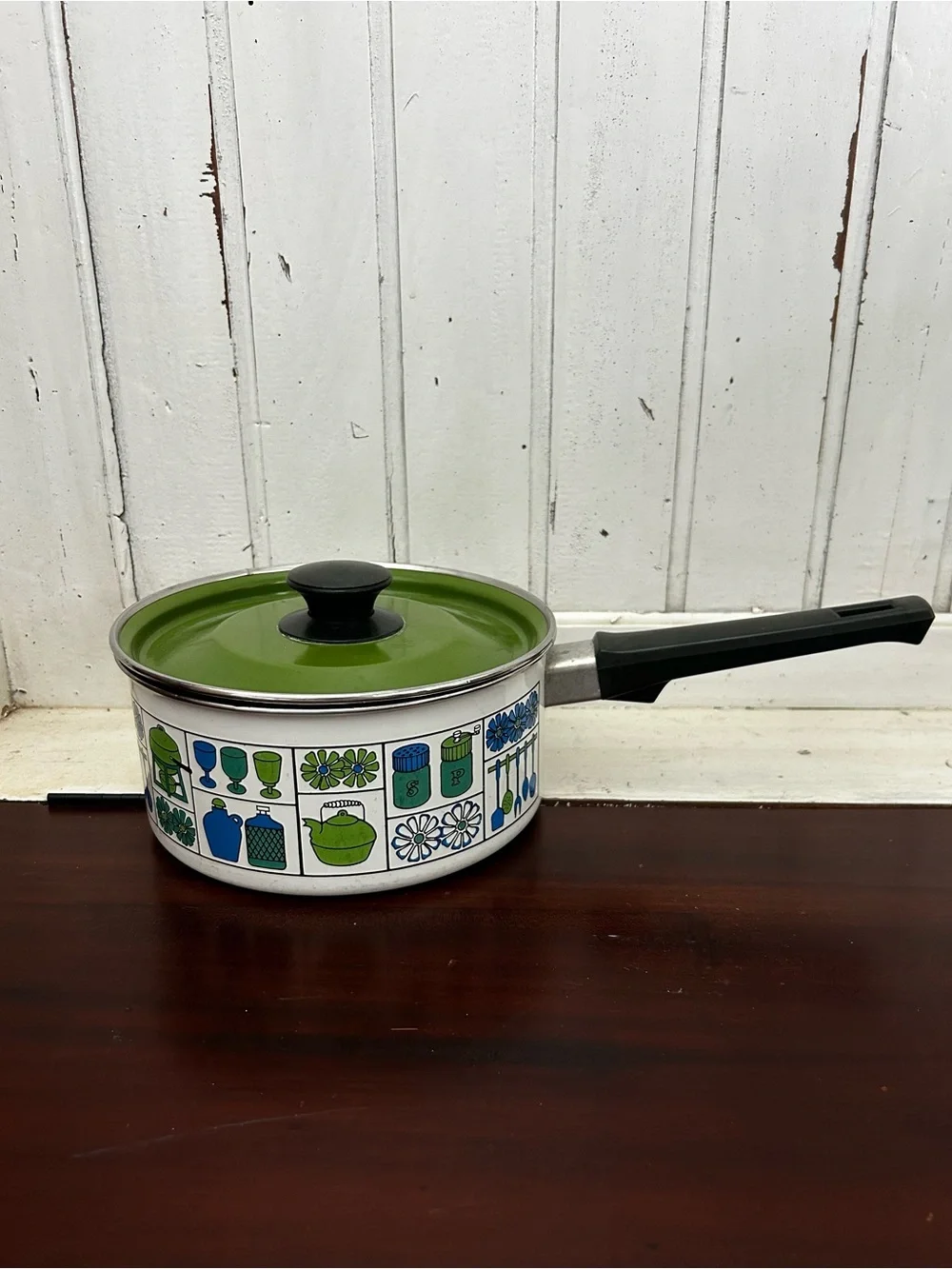 VTG Retro Enamel Danish Kitchen Saucepan Pot GHC 6.75” Green Blue Mid Century